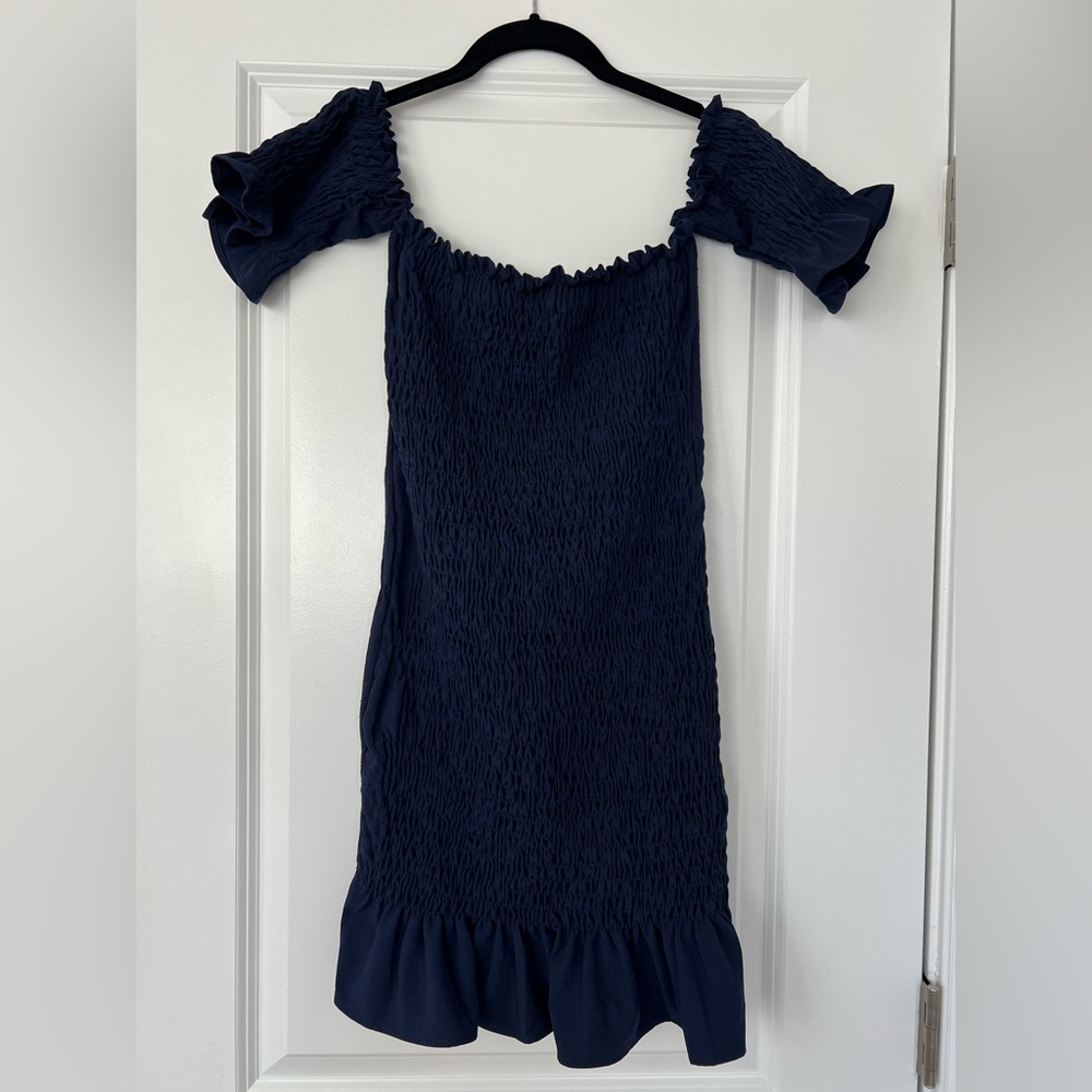 Smocked Navy Off-Shoulder Mini Dress